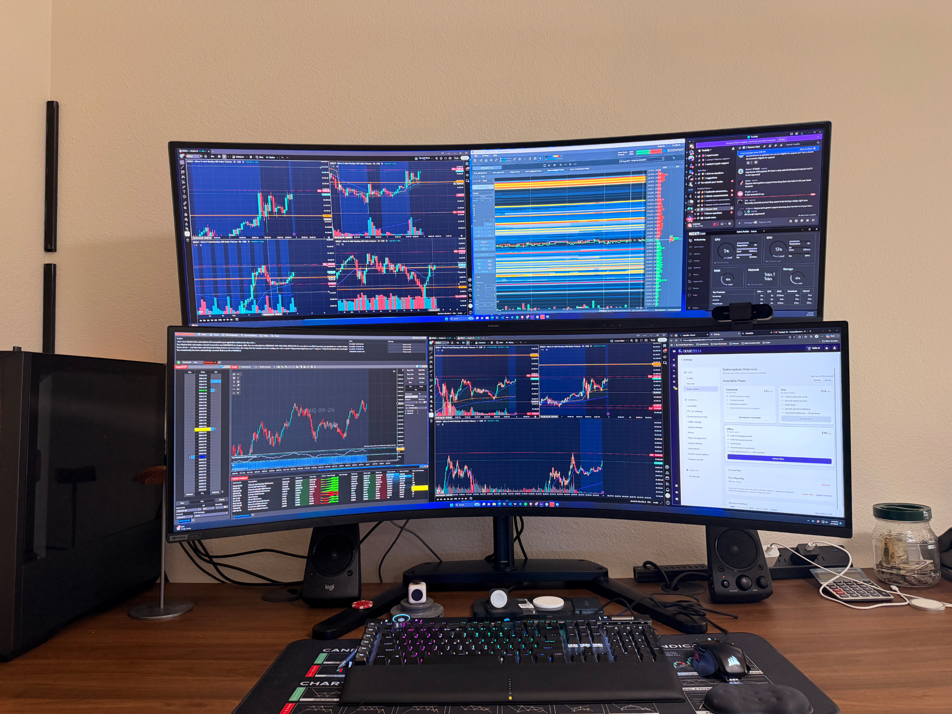 Lorenzo's real trading desk: a curved ultrawide monitor above a second ultrawide showing NQ futures charts, order flow, a DOM ladder and a trading journal, with a desktop PC, speakers and keyboard